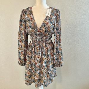 NWT No Comment Womens Sz Small Floral Dress & Side Waist Slits Puffy Sleeves